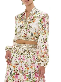 Garden Print Silk Cropped Wrap Shirt