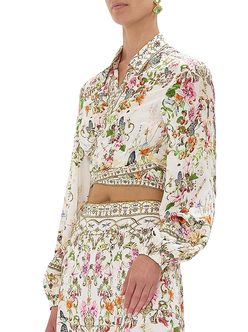 Garden Print Silk Cropped Wrap Shirt