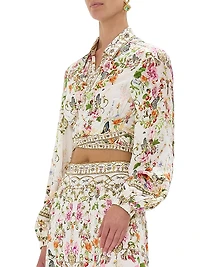 Garden Print Silk Cropped Wrap Shirt