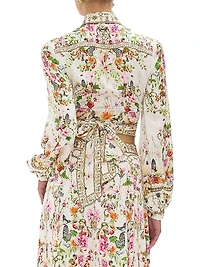 Garden Print Silk Cropped Wrap Shirt