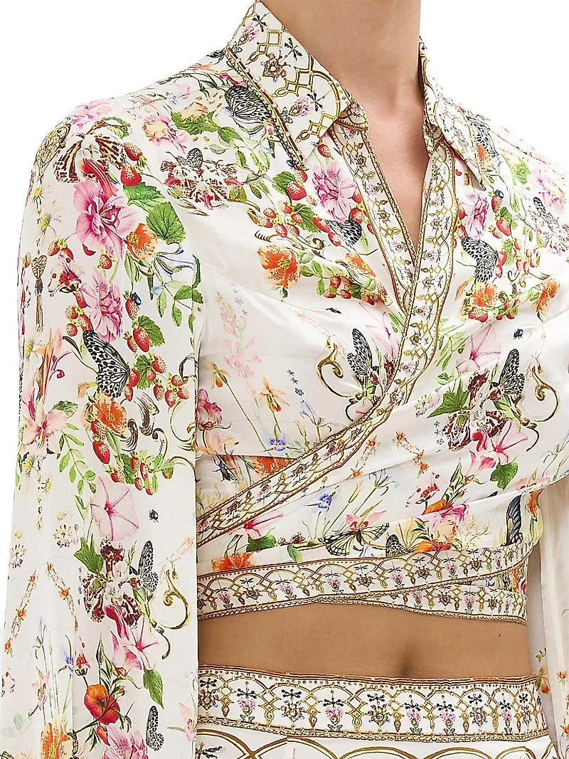 Garden Print Silk Cropped Wrap Shirt