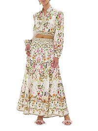 Garden Print Silk Cropped Wrap Shirt