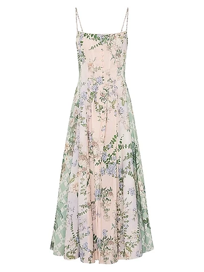 Floral Linen-Silk Corset Fit & Flare Maxi Dress