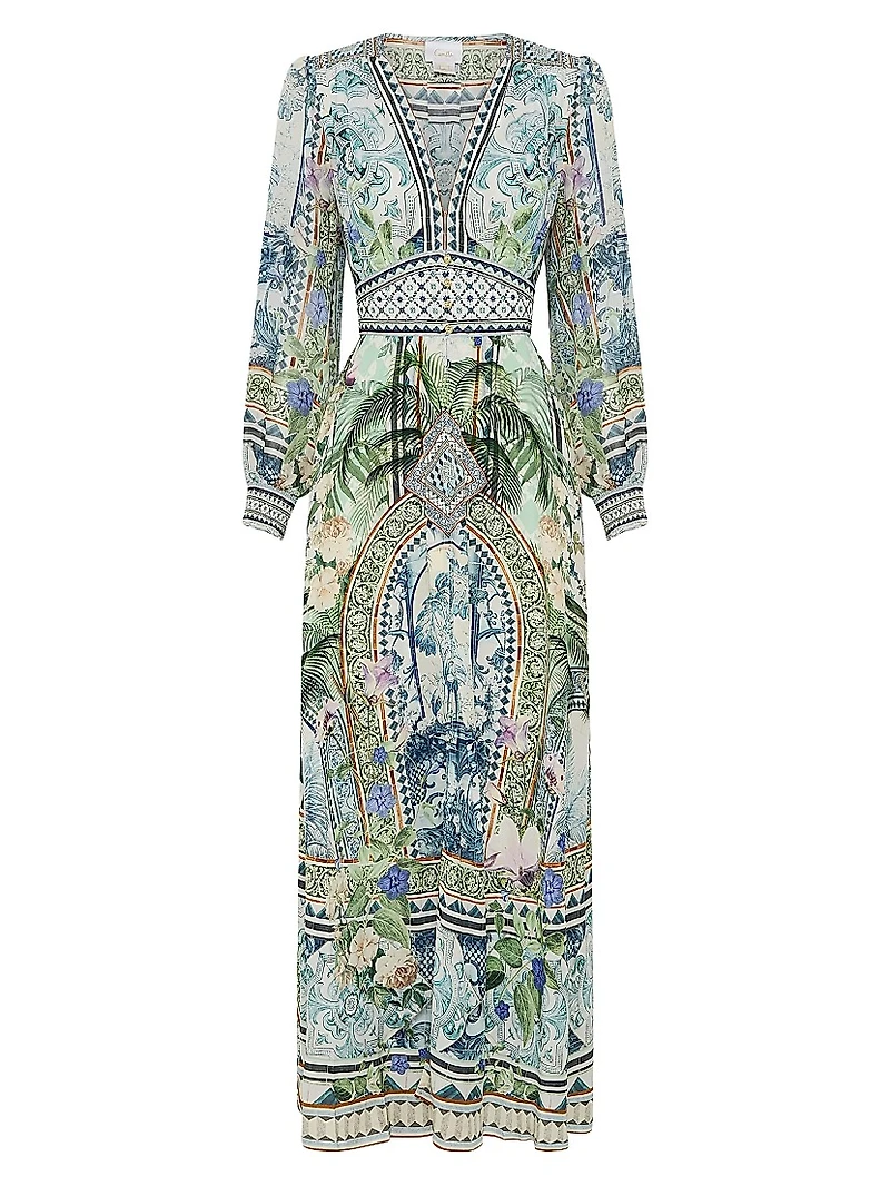 Botanic Print Silk Blouson-Sleeve A-Line Maxi Dress