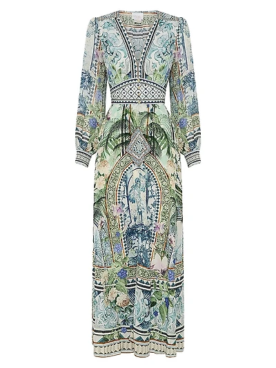 Botanic Print Silk Blouson-Sleeve A-Line Maxi Dress