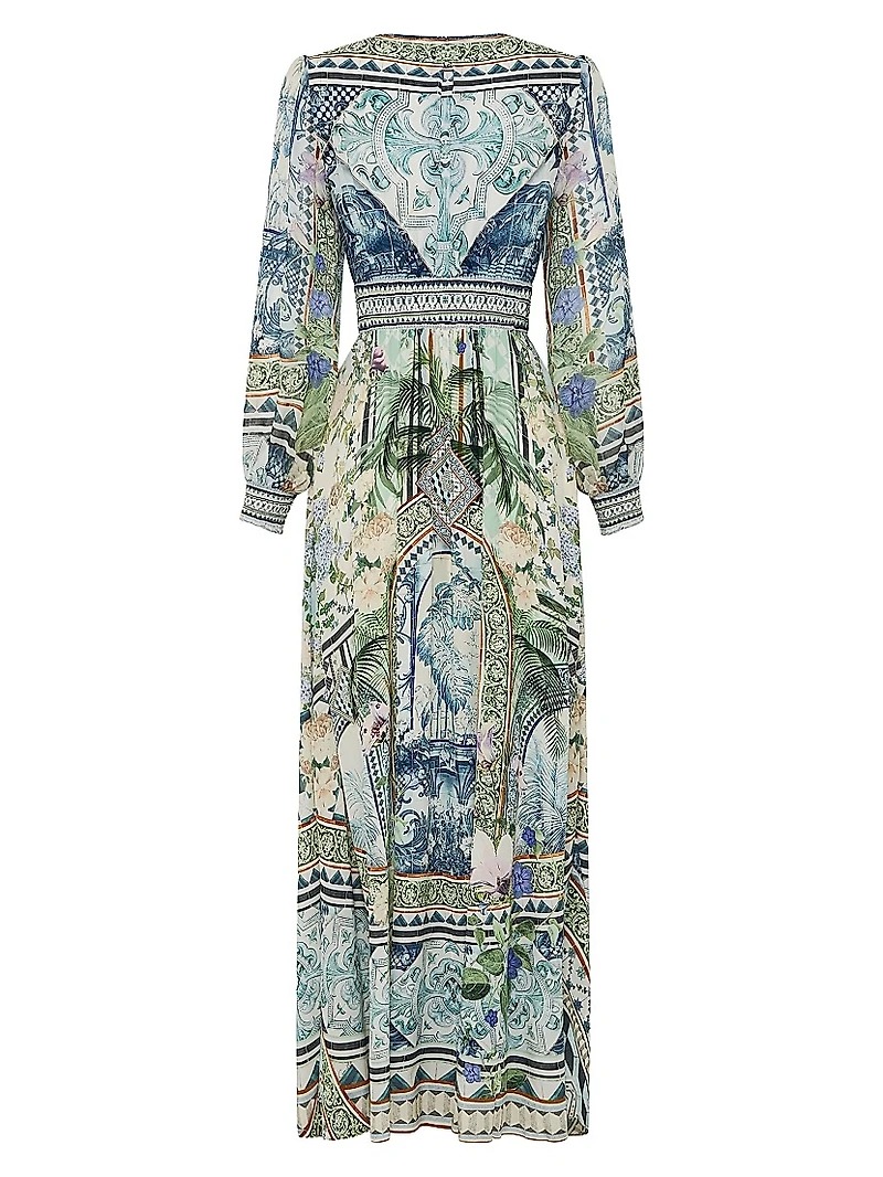 Botanic Print Silk Blouson-Sleeve A-Line Maxi Dress