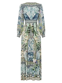 Botanic Print Silk Blouson-Sleeve A-Line Maxi Dress