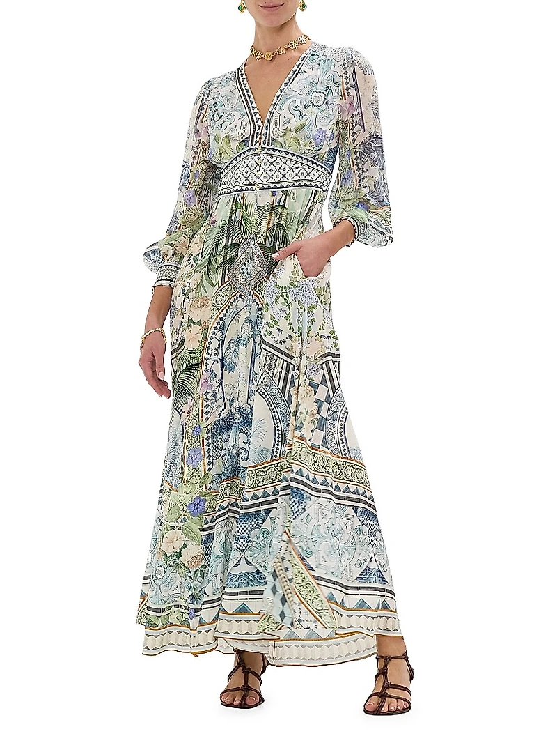 Botanic Print Silk Blouson-Sleeve A-Line Maxi Dress