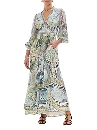 Botanic Print Silk Blouson-Sleeve A-Line Maxi Dress