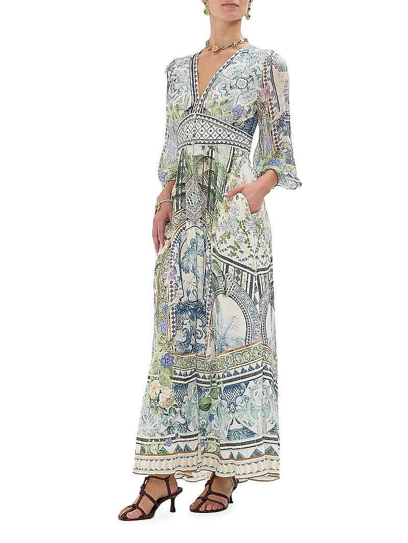 Botanic Print Silk Blouson-Sleeve A-Line Maxi Dress