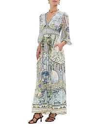 Botanic Print Silk Blouson-Sleeve A-Line Maxi Dress