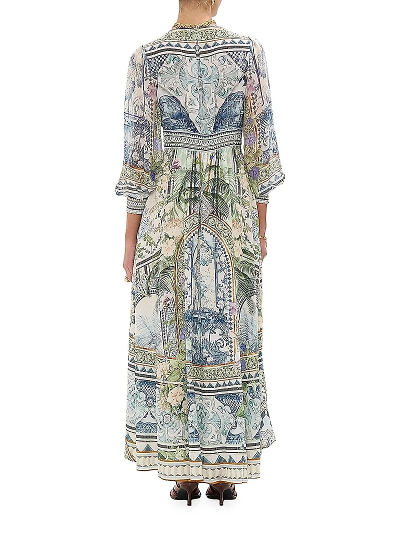 Botanic Print Silk Blouson-Sleeve A-Line Maxi Dress