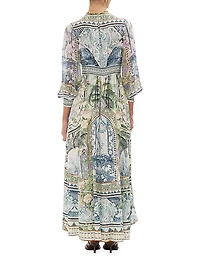 Botanic Print Silk Blouson-Sleeve A-Line Maxi Dress