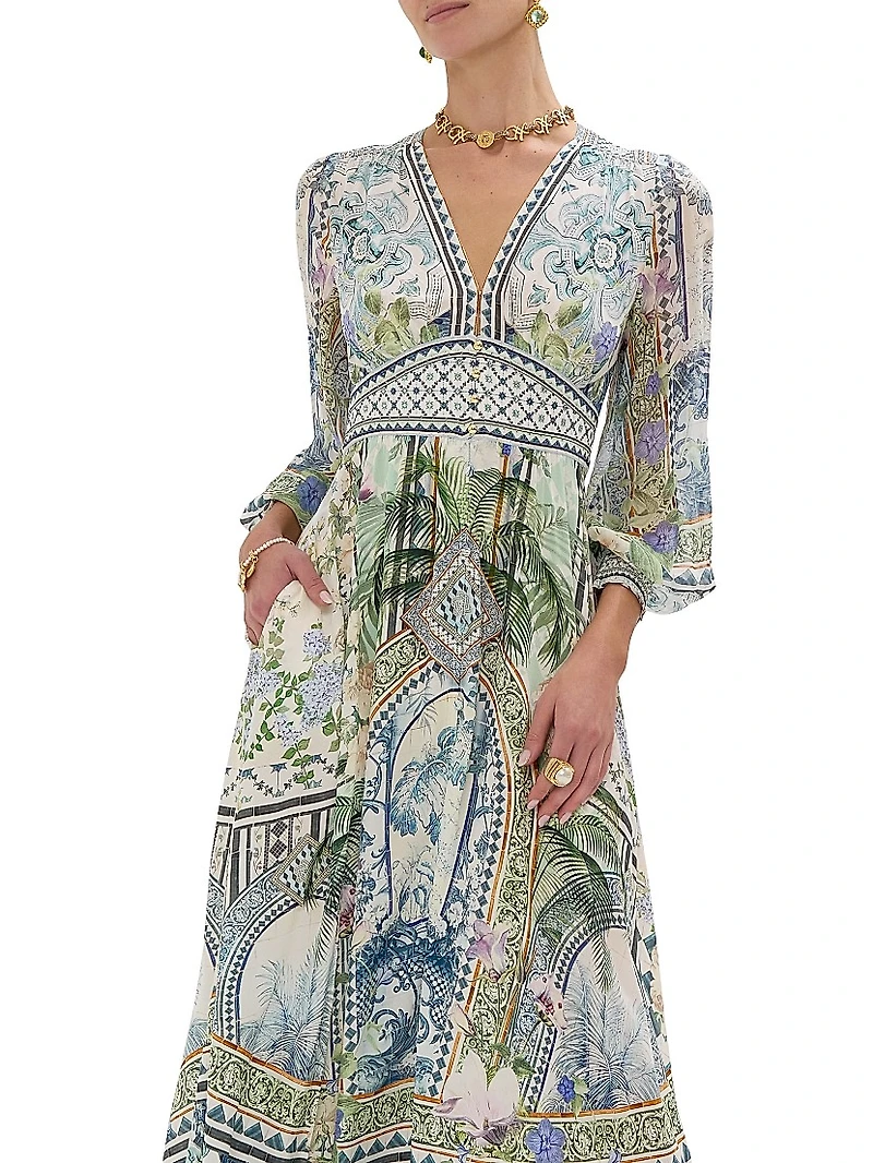 Botanic Print Silk Blouson-Sleeve A-Line Maxi Dress