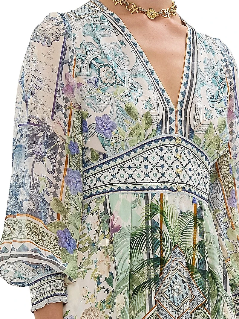 Botanic Print Silk Blouson-Sleeve A-Line Maxi Dress
