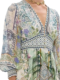 Botanic Print Silk Blouson-Sleeve A-Line Maxi Dress