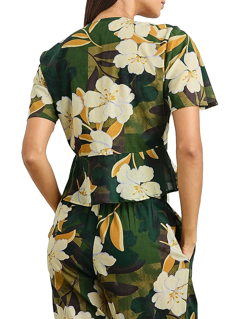 Tia Floral Cotton Tie-Waist Crop Shirt