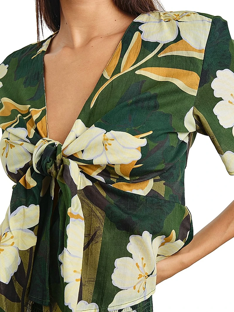Tia Floral Cotton Tie-Waist Crop Shirt