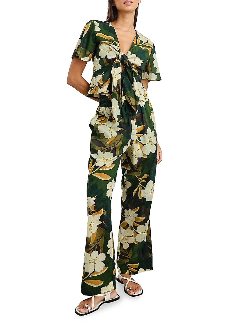 Tia Floral Cotton Tie-Waist Crop Shirt
