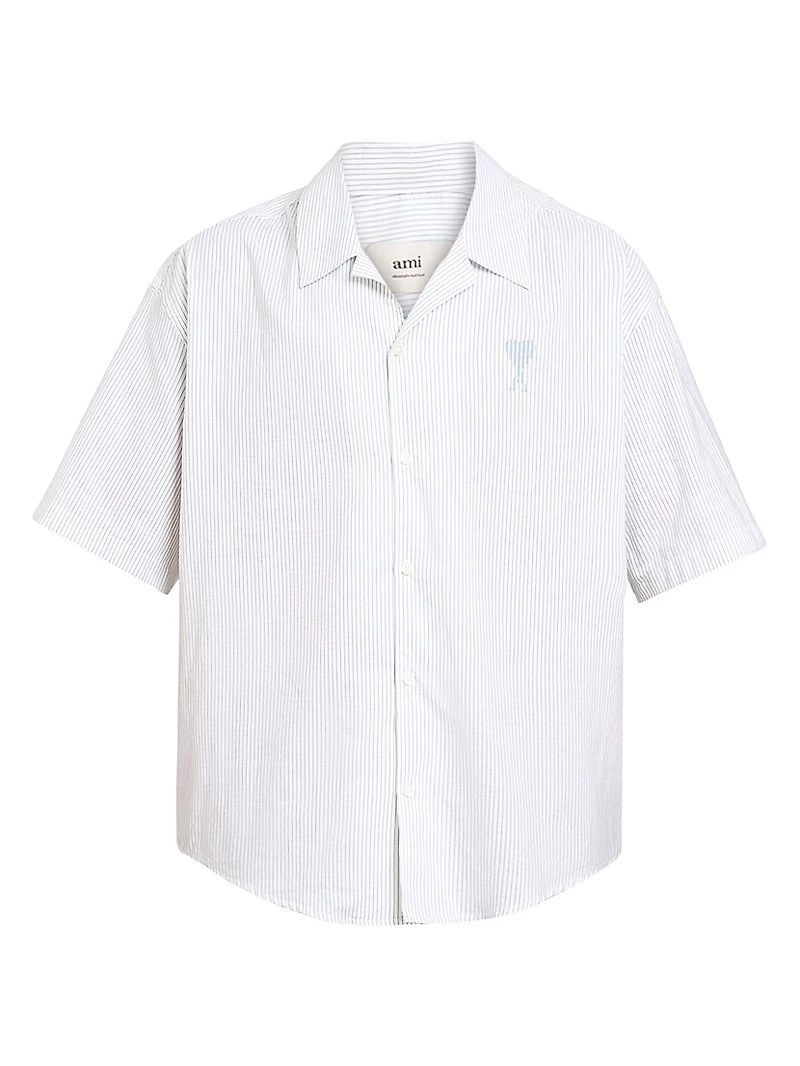 Striped Logo Cotton Camp Collar Shirt