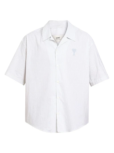 Striped Logo Cotton Camp Collar Shirt