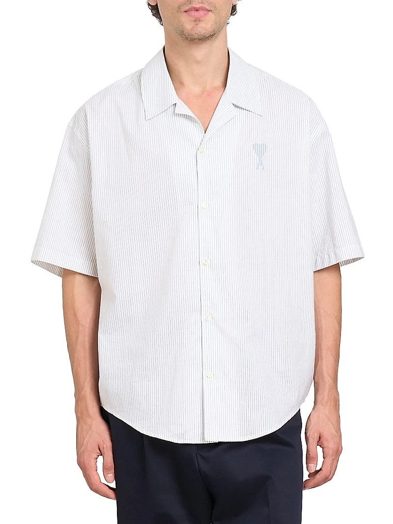 Striped Logo Cotton Camp Collar Shirt