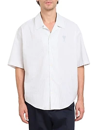 Striped Logo Cotton Camp Collar Shirt
