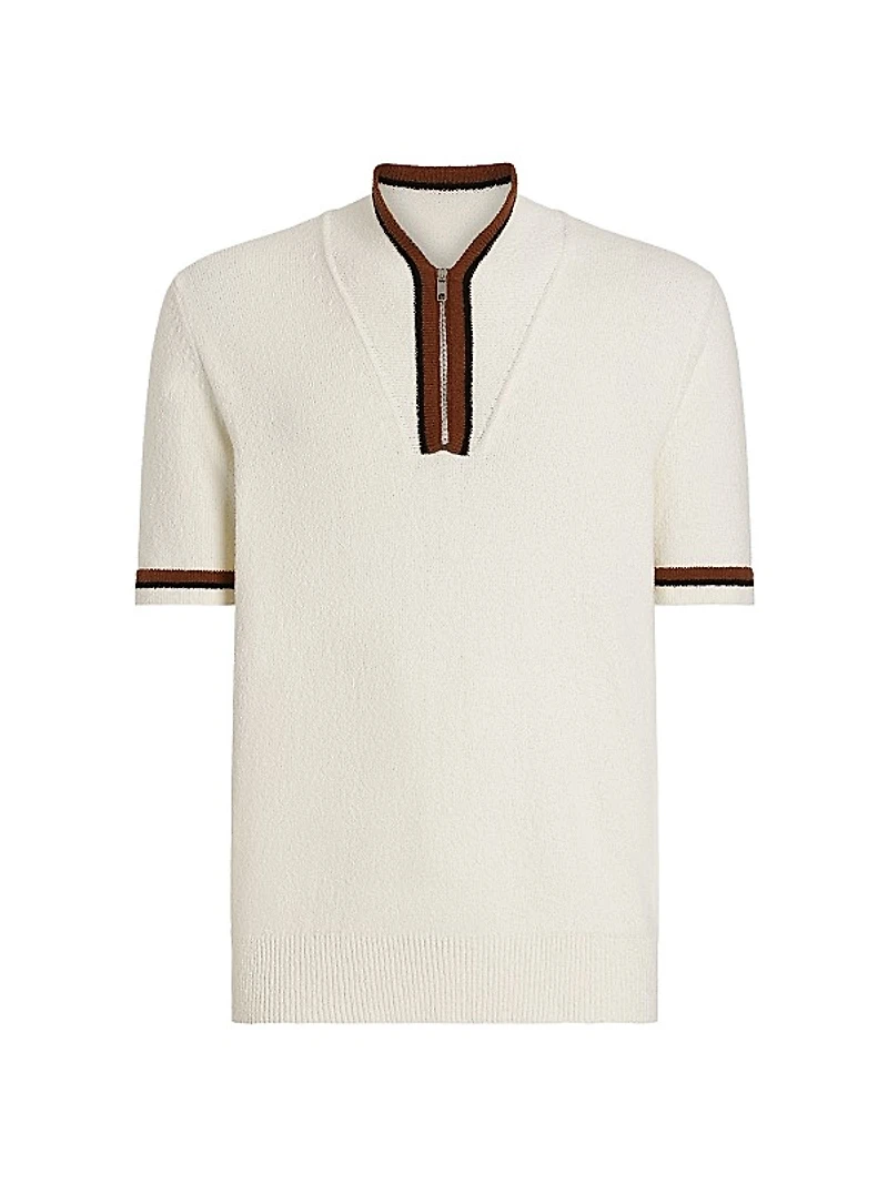 Cotton-Blend Knit Zip-Front Polo Shirt