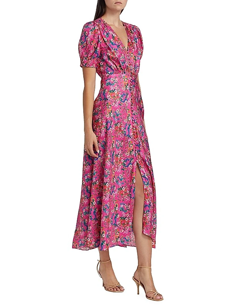 Lea Floral Silk Satin Midi-Dress