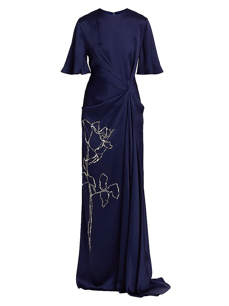 Embellished Draped Short-Sleeve Gown