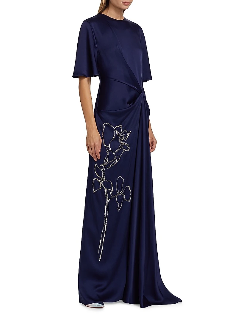 Embellished Draped Short-Sleeve Gown