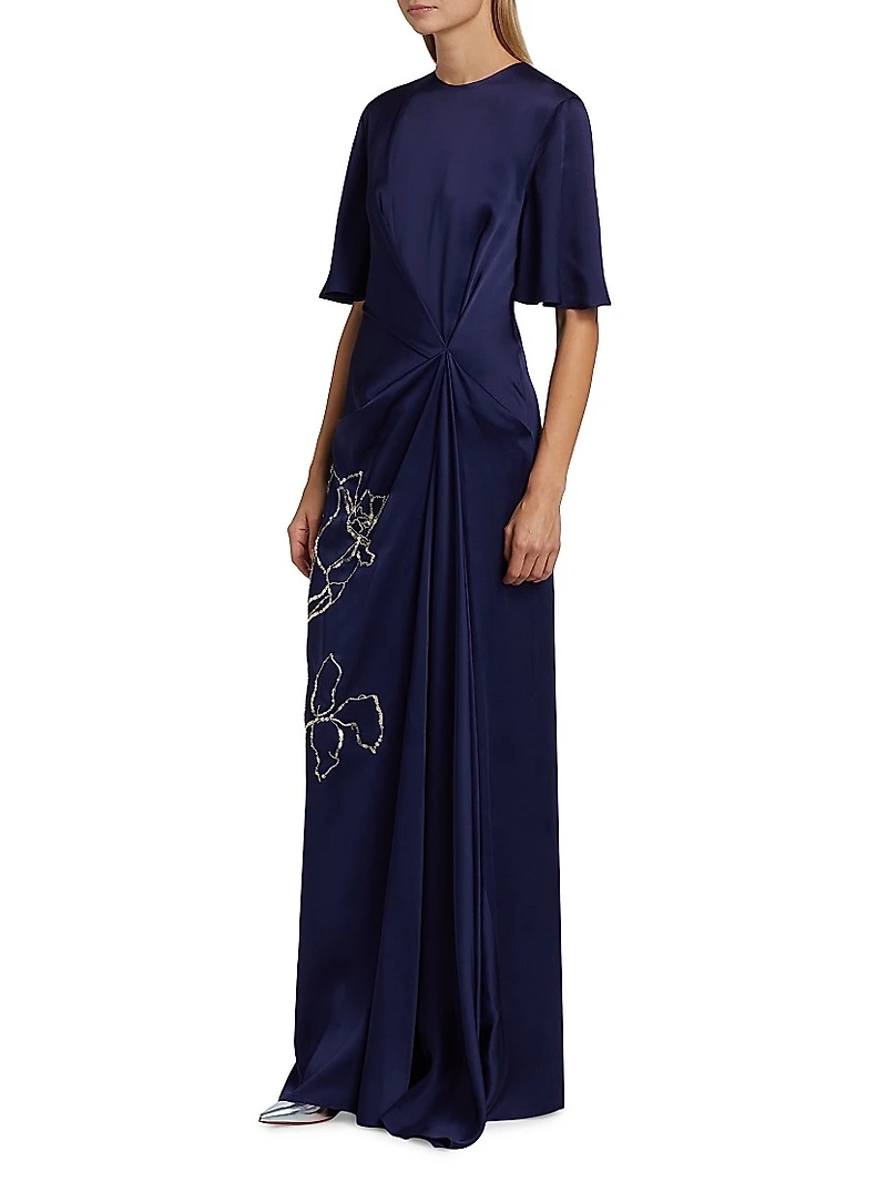 Embellished Draped Short-Sleeve Gown
