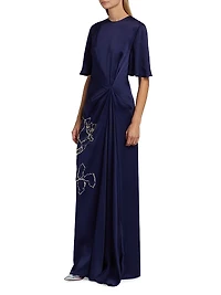 Embellished Draped Short-Sleeve Gown