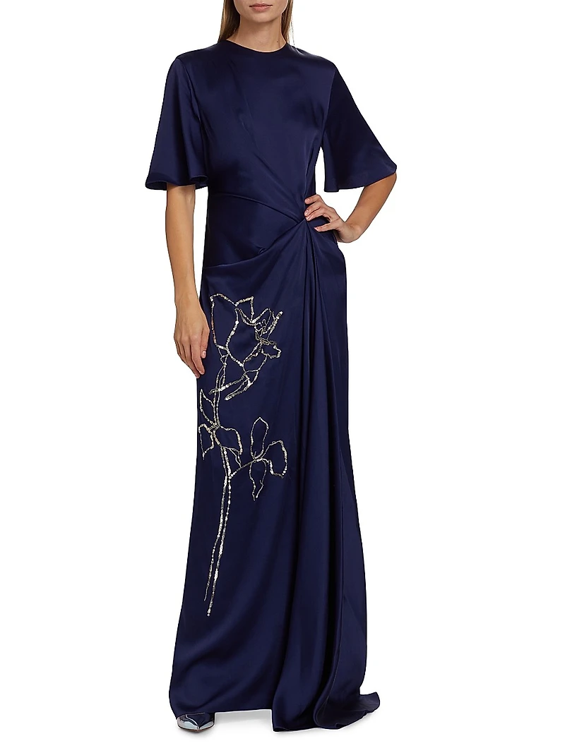 Embellished Draped Short-Sleeve Gown