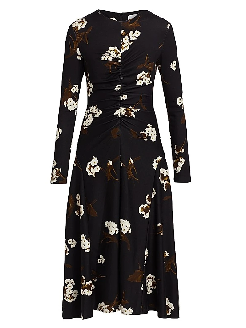 Floral Ruched Long-Sleeve Midi-Dress