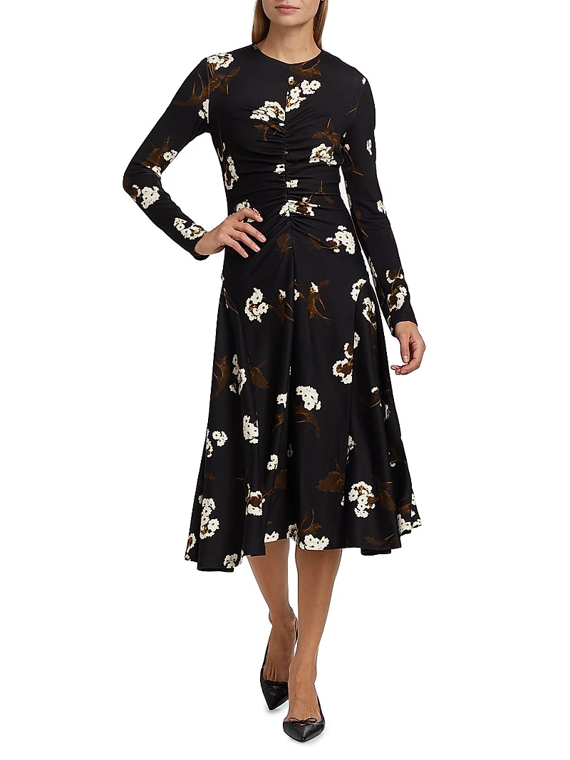 Floral Ruched Long-Sleeve Midi-Dress