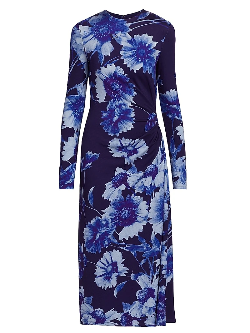Floral Long-Sleeve Draped Midi-Dress