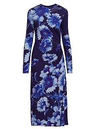 Floral Long-Sleeve Draped Midi-Dress