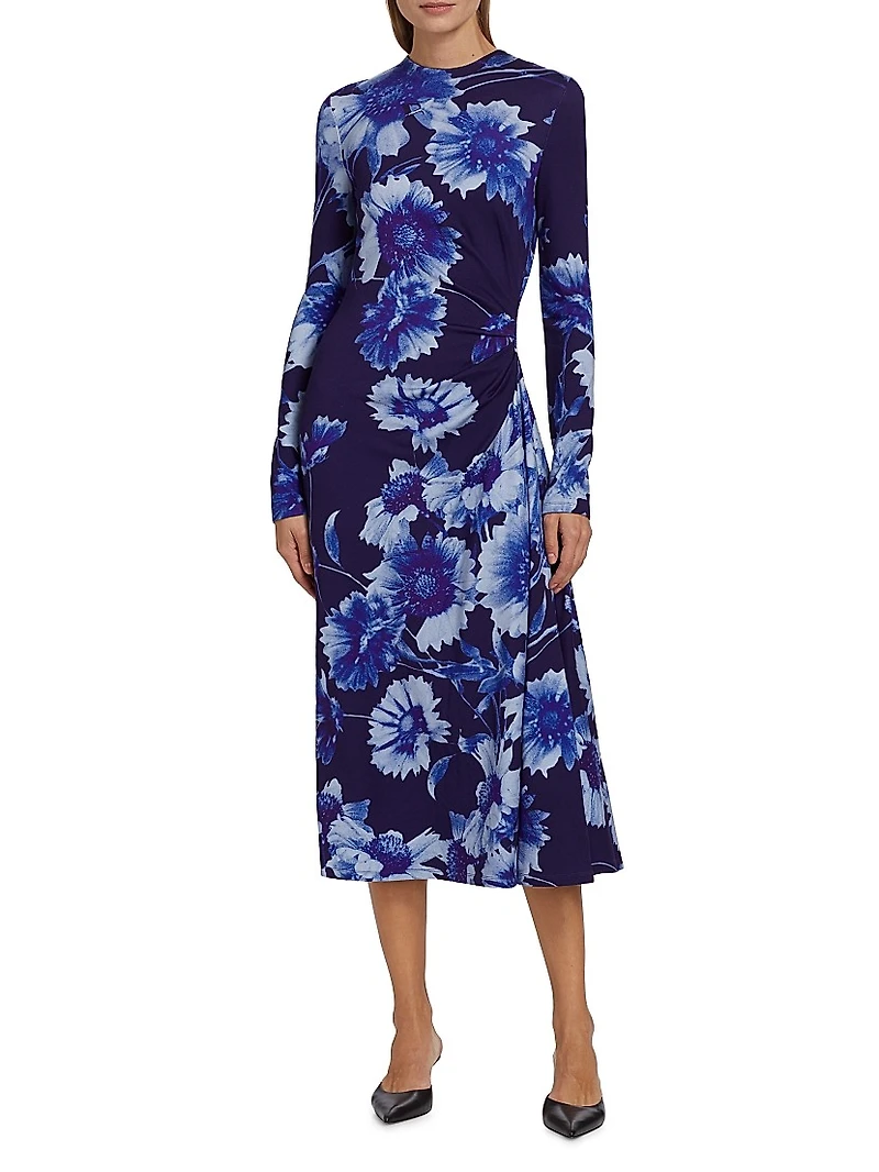 Floral Long-Sleeve Draped Midi-Dress