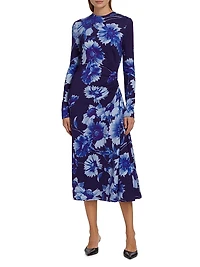 Floral Long-Sleeve Draped Midi-Dress