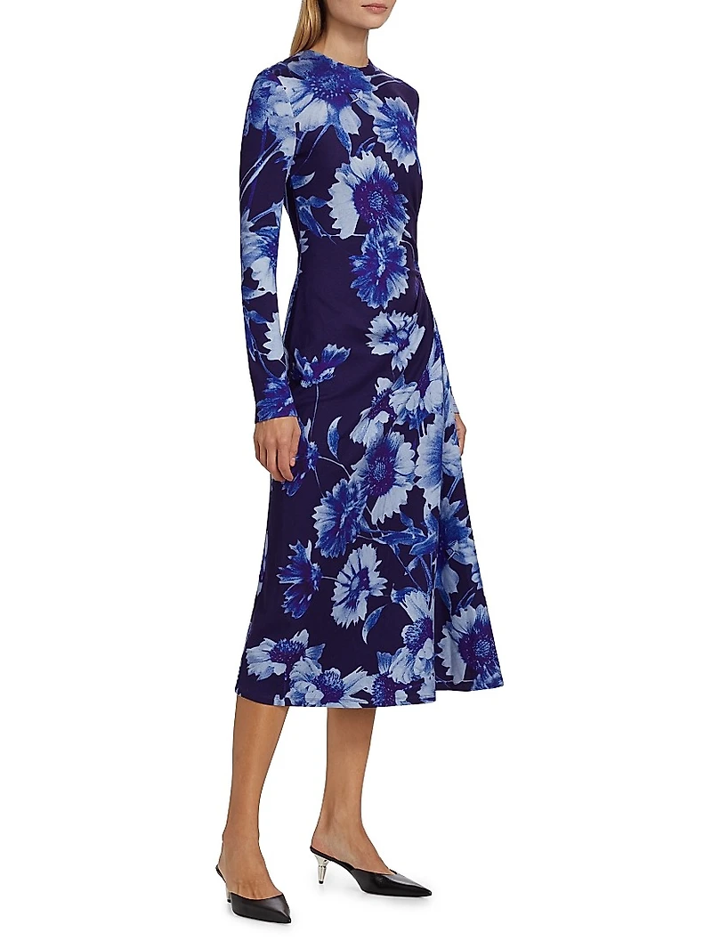 Floral Long-Sleeve Draped Midi-Dress