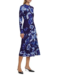 Floral Long-Sleeve Draped Midi-Dress