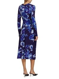Floral Long-Sleeve Draped Midi-Dress