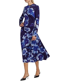 Floral Long-Sleeve Draped Midi-Dress