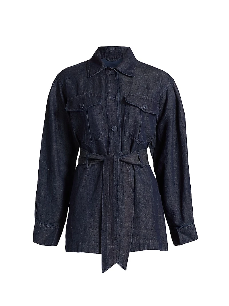 Denim Linen-Blend Belted Jacket