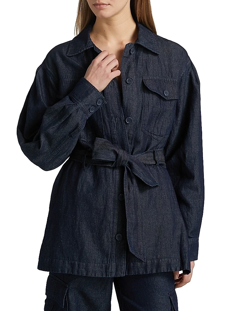Denim Linen-Blend Belted Jacket
