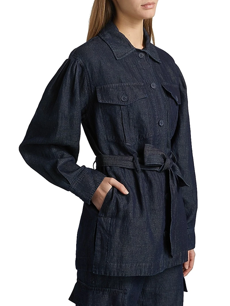 Denim Linen-Blend Belted Jacket