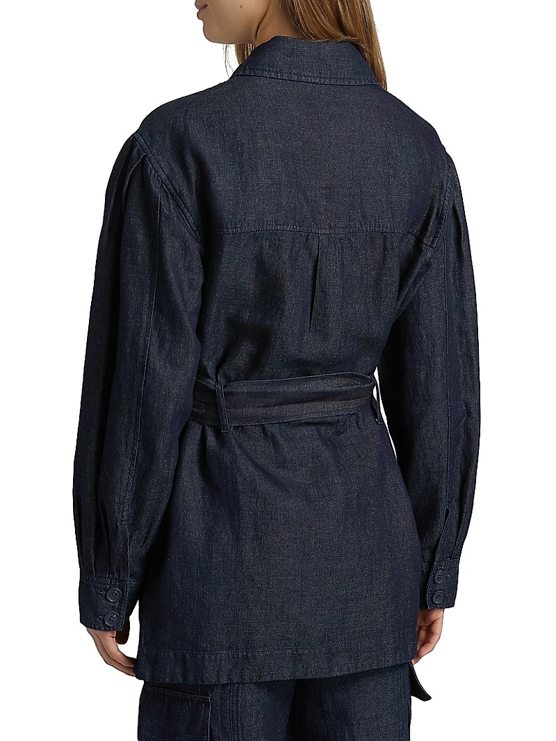 Denim Linen-Blend Belted Jacket