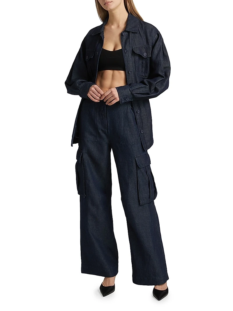 Denim Linen-Blend Belted Jacket