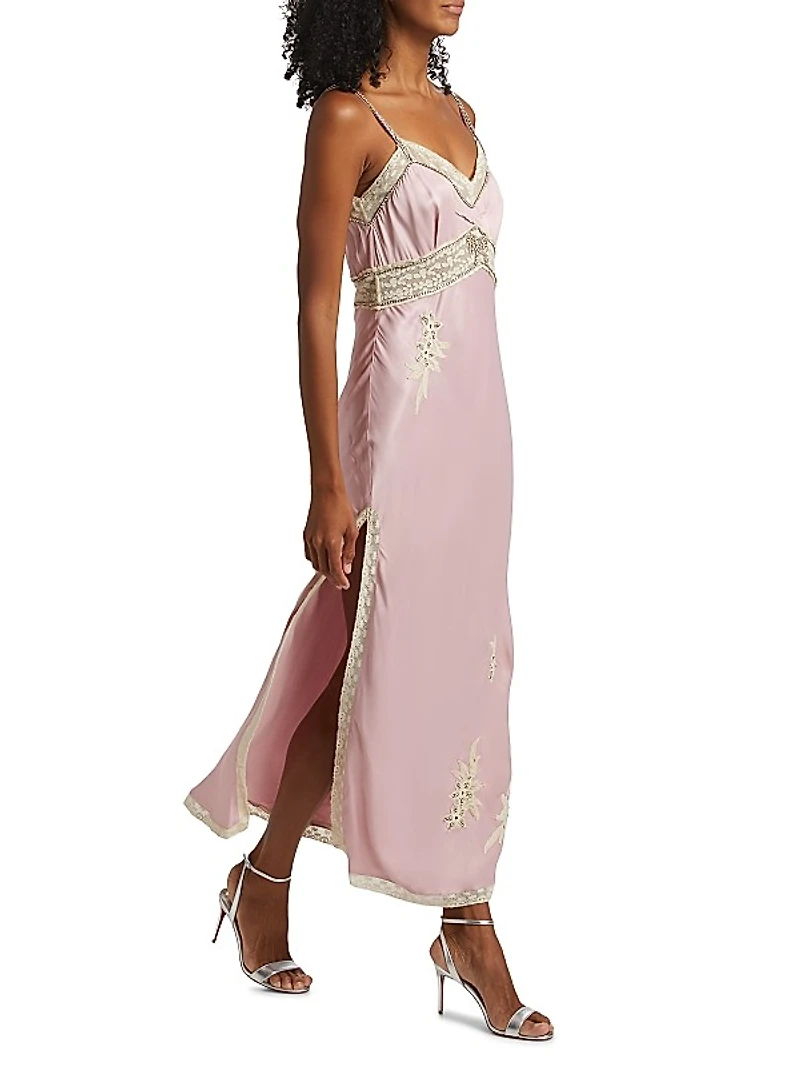 Valea Embroidered Satin Slip Dress